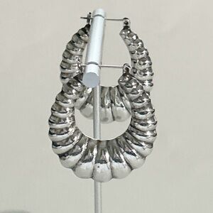 Vintage 80s Large Sterling Silver Puffy Hoop Bamboo Earrings